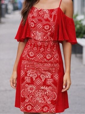 FARM Rio Red Cold-Shoulder Mini Dress with Embroidered Panel